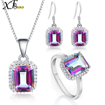 

XF800 925 Sterling Silver Jewelry Genuine Gem Stone Rainbow Mystic Topaz Crystal Necklace Pendant Ring Earrings Party T237