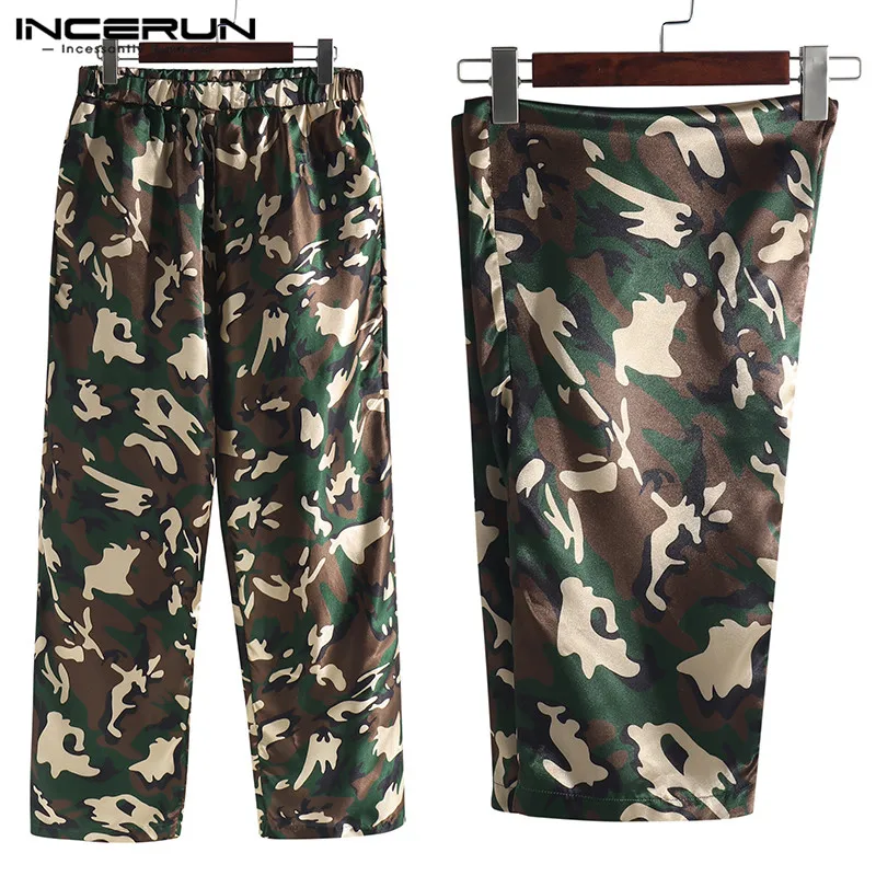 

INCERUN 2019 Silk Satin Men Sleep Pants Pajamas Camouflage Print Loose Soft Breathable Sleep Bottoms Men Lounge Pants Hombre 5XL