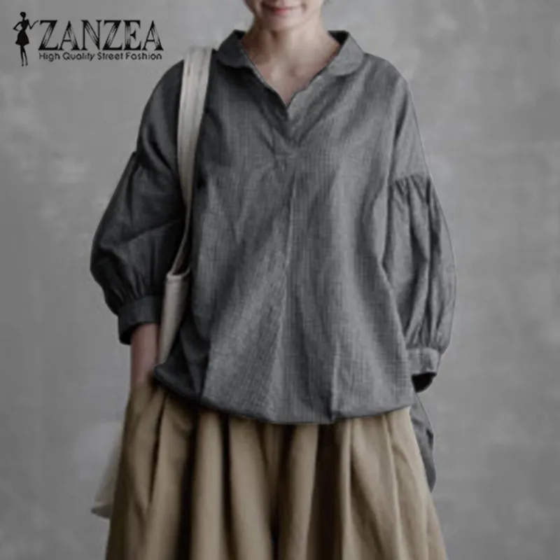 ZANZEA, женские винтажные рубашки с рукавом-фонариком, v-образный вырез, туника, топы, Повседневная Блузка, сорочка, халат, одноцветные винтажные блузы размера плюс