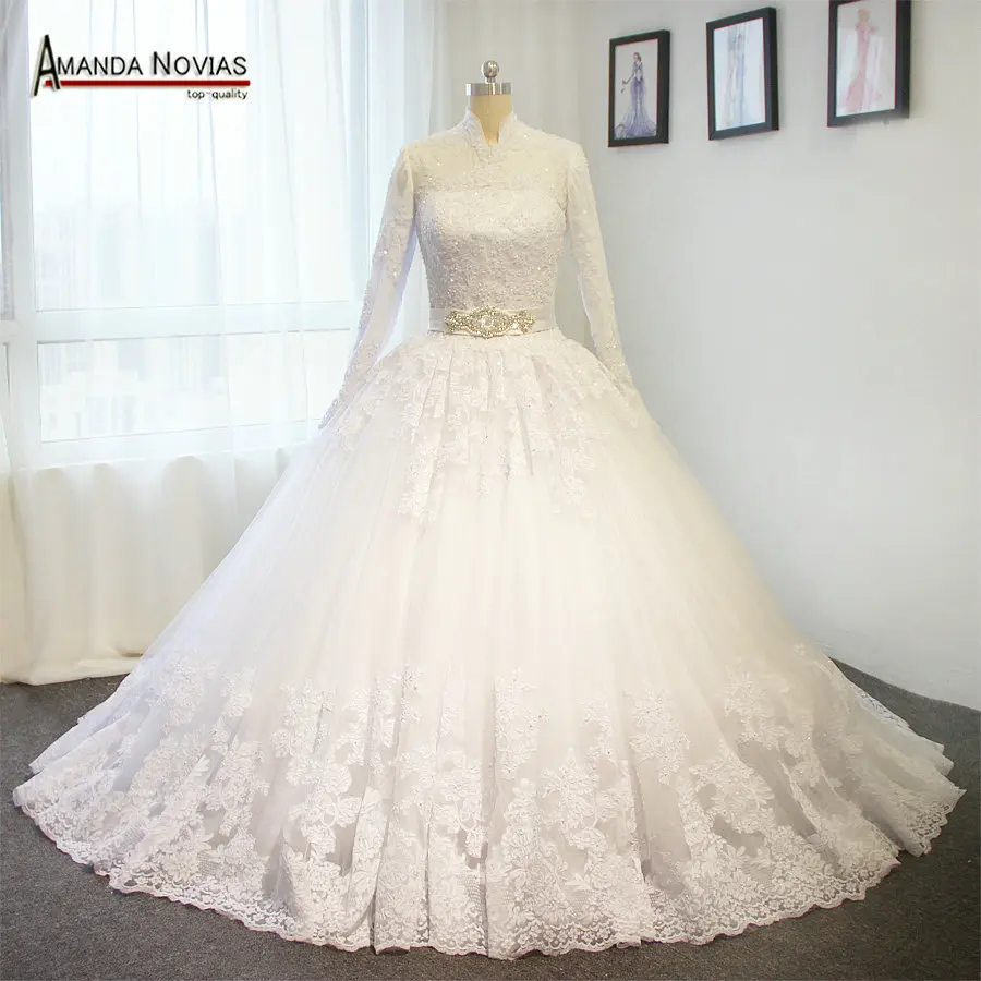

abaya in dubai vintage high neckline long sleeves muslim wedding dresses 2017 New