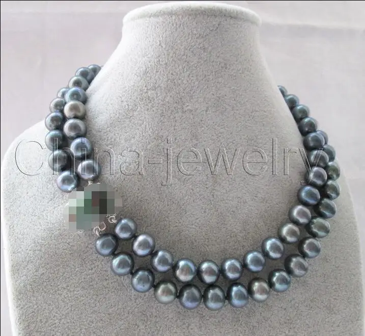 

Free Shipping >>> Beautiful AA 17-18 "2row 12mm black round freshwater pearl necklace - 925 silver