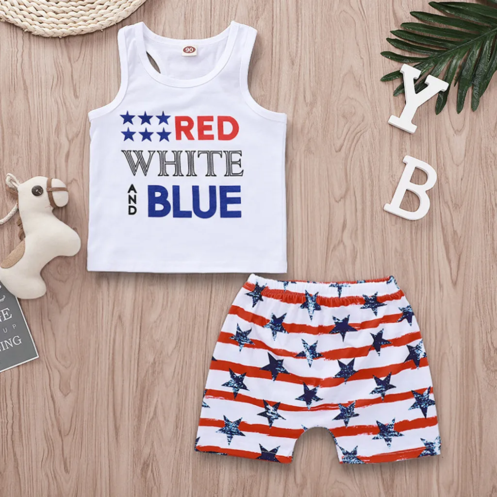 

Kids Baby Boy Outfit Sets Flag Letter Print Vest Tops Star Striped Shorts 4th Of July Newborn Baby Summer Clothes Outfits Sets