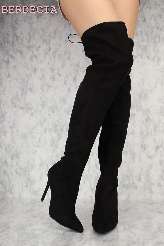 

black red suede leather over the knee high boots pointed toe thin heel shoes lace up thigh high boots ladies party long boots