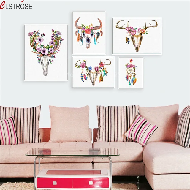 

CLSTROSE Modern Vintage Retro Animal Deer Head Skull Feather Canvas Paintings Wall Picture Pints Dream Catcher Poster
