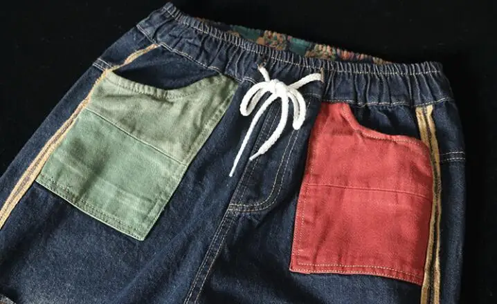 Yalabovso осенние Цветные Лоскутные эластичные талии шнурок умягчитель отверстие джинсовые шаровары джинсы для женщин a74-yg1251z20