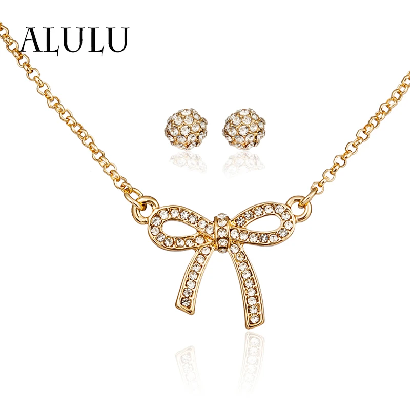 

ALULU Fashion Rhinestone Bowknot Necklace Pendant Earrings Female Set Luxurious Gold Jewelry For Women