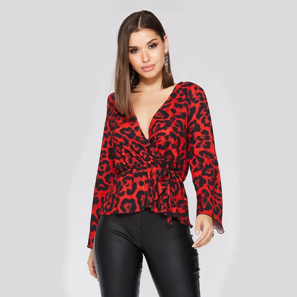 

2019 leopard print women deep V neck sexy tops plus size flare sleeves elastic stretch waist women leopard T-shirt tops