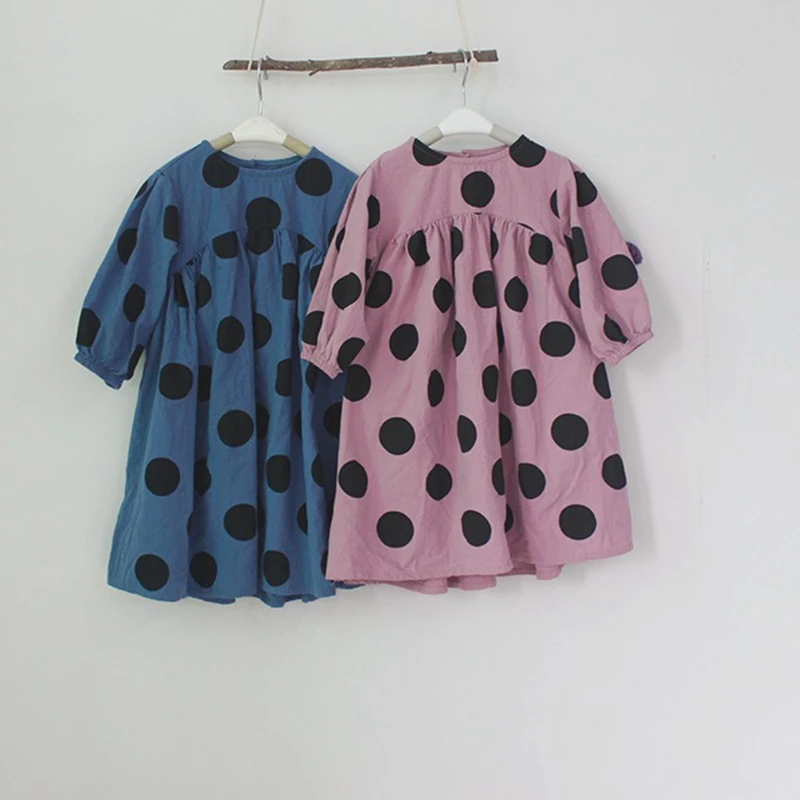 

New Kids Girls Cotton-Linen Dot Korea Style Dresses 2 colors,Gilrs Spring/Autumn Clothing Dress, Kids Long Sleeve Dot Long Dress