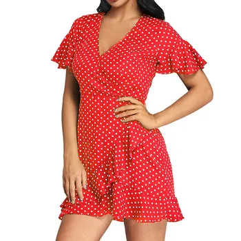 

Summer Chiffon Dress Women Cross V-Neck Flare Sleeve Dot Print Ruffles Hem Back Zipper Mini Dress vestido 2020 Sexy Dresses #zj