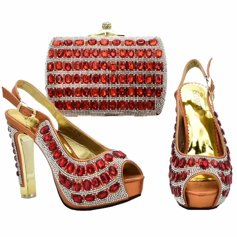 

High heel 4.7 inches with big shinning stones 2019 italian shoes and bag set orange shoes and bag matching set SB8331-3