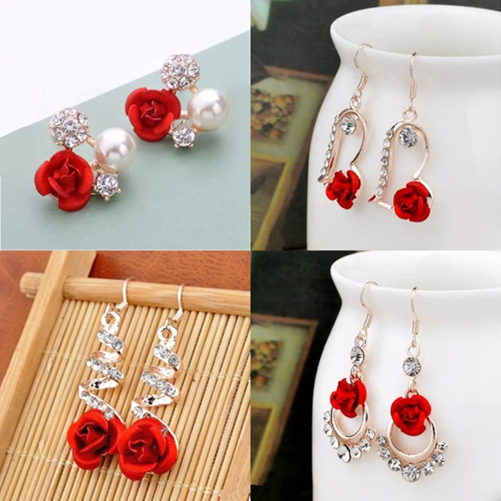 Orecchini Vintage Rosa Rossa Colore Oro Rosa Cristallo Strass Perla Farfalla Fiore Orecchini Donna Regali Gioielli Da Sposa