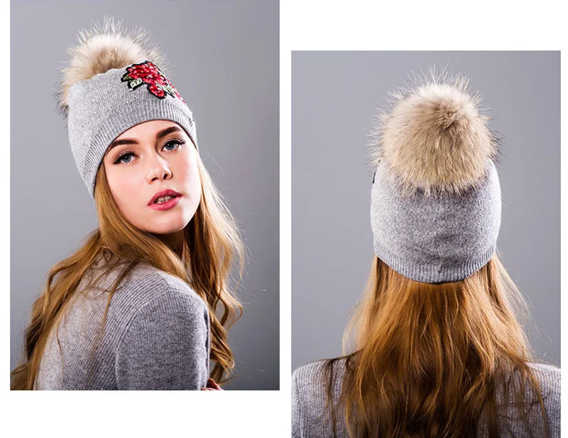 Winter Hat Women Knit Beanie Warm Cap Wool Flower Real Raccoon Pom Pom Autumn Casual Outdoor Ski Skullies Snow Accessory (1)