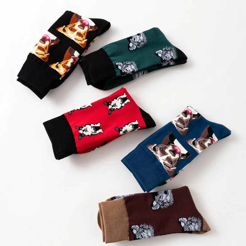 5 пар носков в европейском стиле, носки для скейтбординга, хлопковые носки с вышивкой в виде головы собаки, с изображением счастливых животных