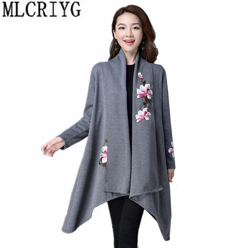 Long Sleeve Knitted Cardigan 2019 Womens Casual Floral Embroidery Long