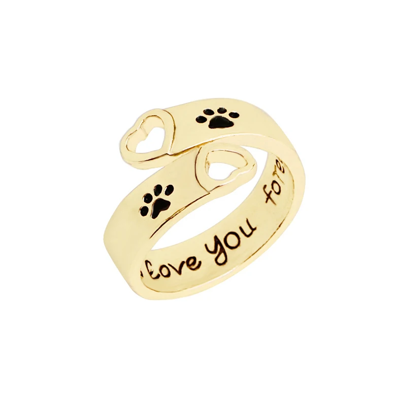 I will love you forever Pet paw prints rings Pet lover Dog Cat Memorial black Enamel Ring men Cute Puppy Paw Ring Jewelry couple 2