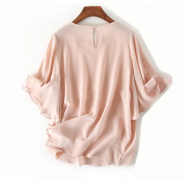 Женская летняя натуральная шелковая блузка из натурального шелка с расклешенными рукавами, Базовая рубашка, Розовый Повседневный Топ, рубашки, шелковые блузки для женщин