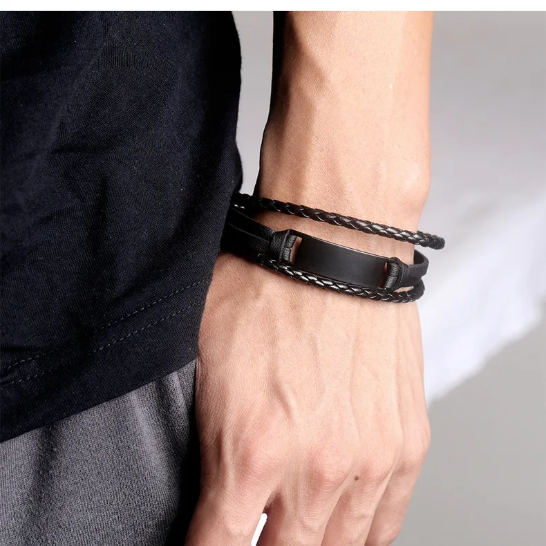 Персонализированные пользовательские Выгравированные мужские браслеты черный винтажный кожаный браслет индивидуальные надписи логотип для моего сына подарки мужские ювелирные изделия