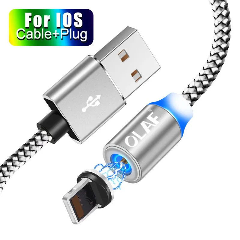 OLAF 2 м светодиодный магнитный USB кабель для iPhone Xs Max 8 7 6 usb type C кабель и оплетка Micro USB кабель для samsung Xiaomi huawei USB C - Цвет: For 8Pin Cable Silve