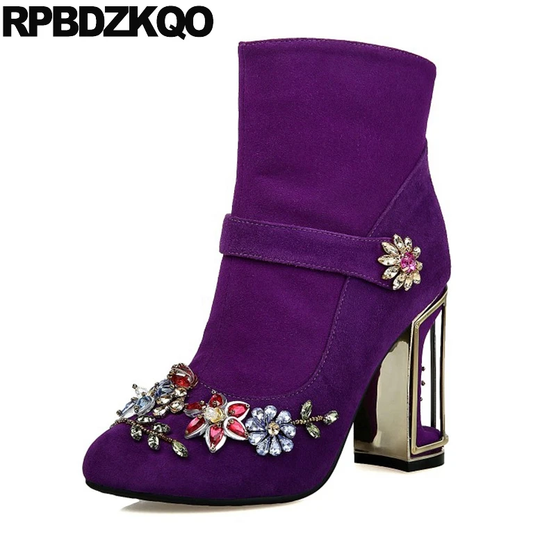

High Heel Booties Rhinestone Luxury Shoes Sheepskin Autumn Ankle 10 Chunky Crystal Suede Big Size Women Purple Short Metal Boots