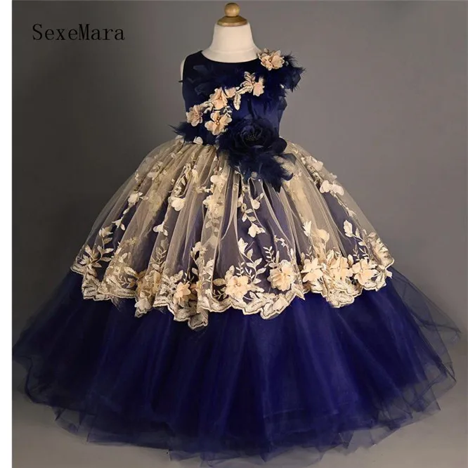

New Arrival Puffy Ball Gown Girls Birthday Dress Pageant Gown O Neck Applique Lace Kids Feather Prom Party Dress Custom Made