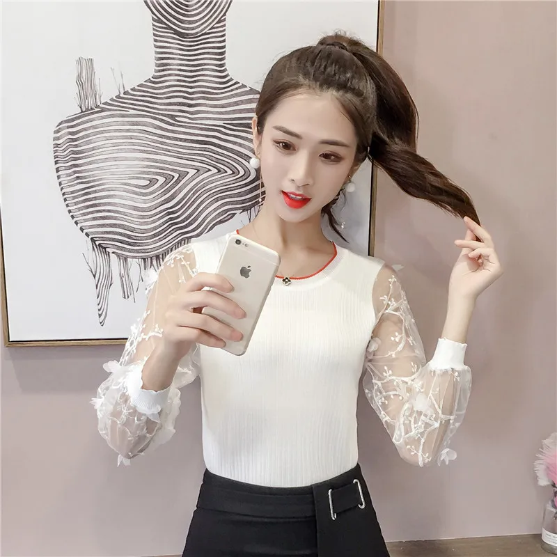 2019 Cute Sweet Casual Women Pullover Autumn Winter Lace Knitted Sweater Patchwork Embroidery Long Sleeved Sweater Shirt Tops