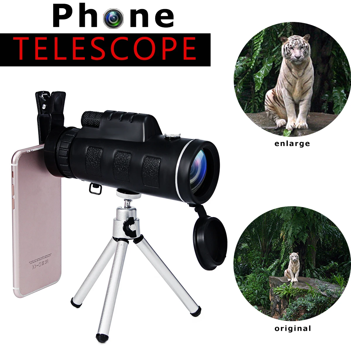 SGODDE 40X60 5 in 1 Universal Phone Monocular Zoom Optical Lens Telescope Day & Night Vision for iPhone X 8 for Samsung S8 S9