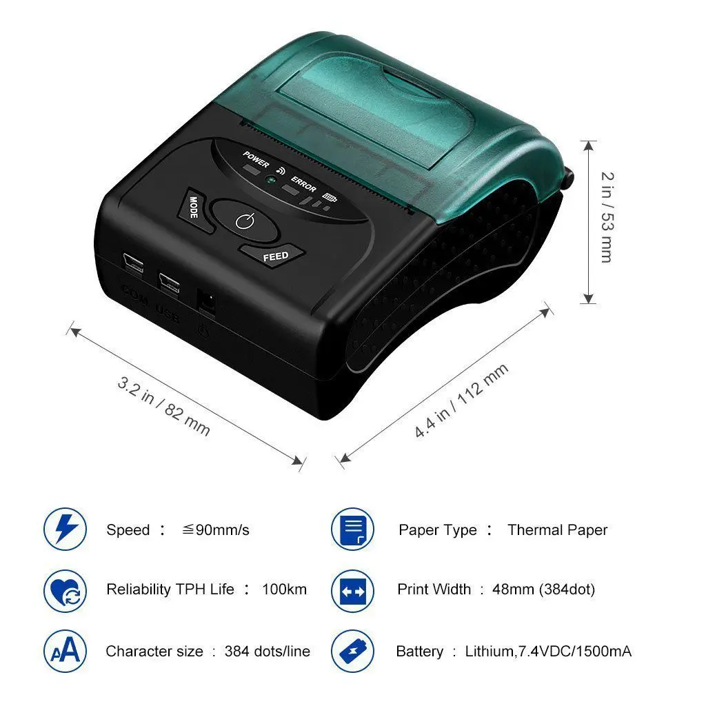 

Portable Mini Wireless 58mm Bluetooth High Speed Direct Thermal Printer, Compatible with Android & IOS & Windows & Linux syste