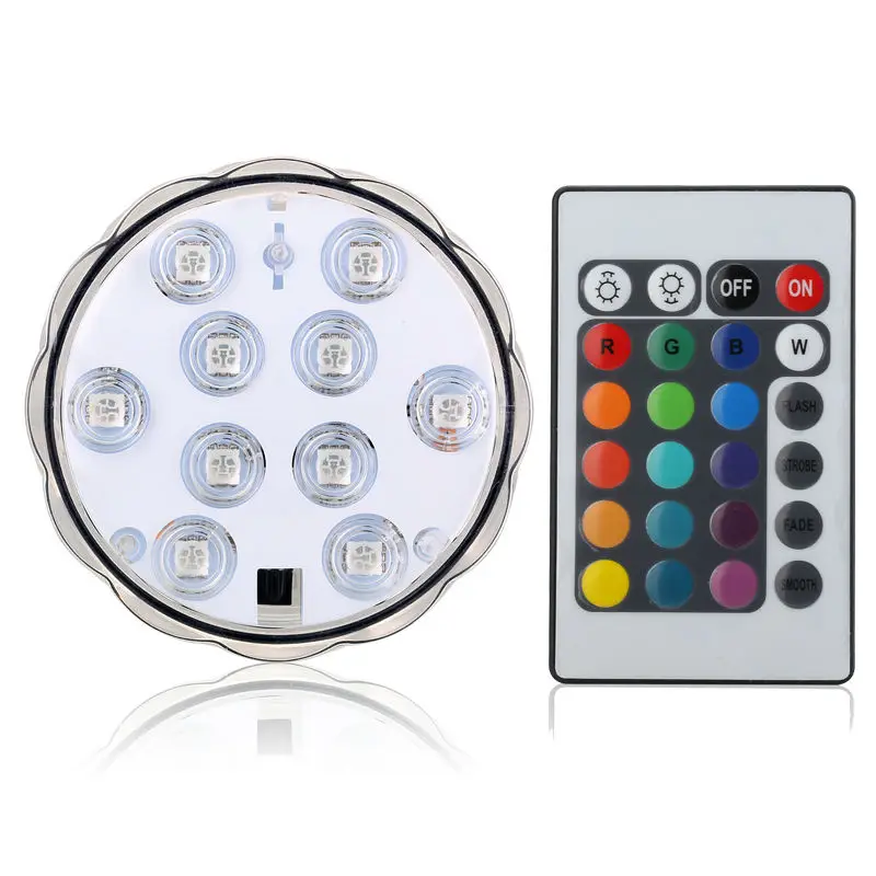 

1pcs/lot RGB 10 Led Submersible Light Battery Operated IP68 Waterproof Underwater Swimming Pool Wedding Party Pond Lighting