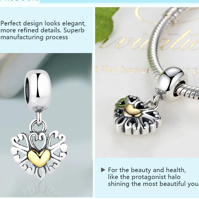 ELESHE REAL 925 Sterling Silver OPENWORK HEART SILVER DANGLE Charm Fit Original ELESHE Bracelet Pendant Charms DIY Jewelry