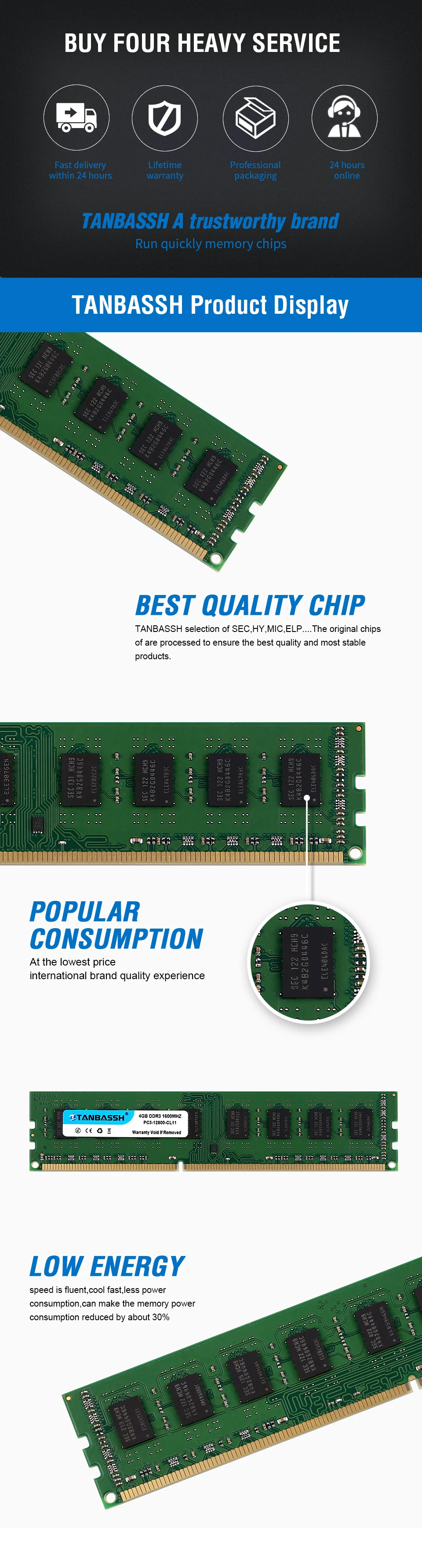 DDR3 Оперативная память 4 ГБ/8 ГБ 1333 МГц/1600 МГц рабочего модуля памяти 240pin 1,5 в DIMM Intel/AMD TANBASSH