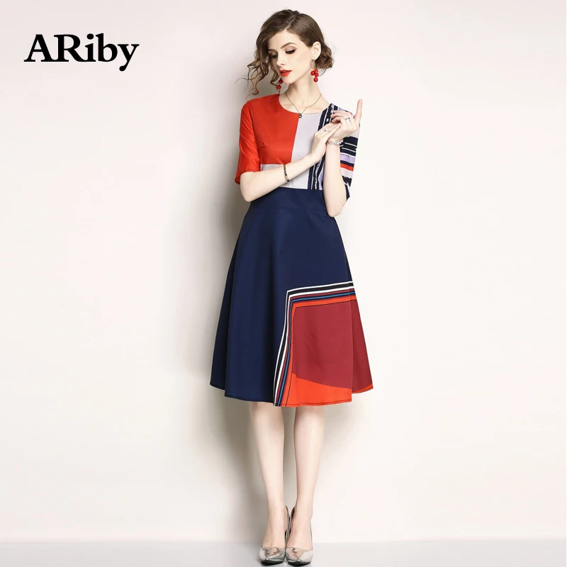 

Women Party Dress 2019 New Fashion Office Lady Slim Temperament Elegant Dress Printed Patchwork A-Line O-Collar Dress Plus Size