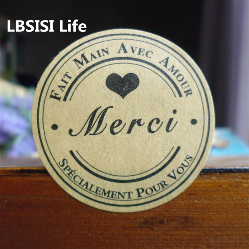

LBSISI Life 108pcs Merci Love Round Kraft Paper Sticker Cake Decorating Tools Candy Cookie Packing Bag Box DIY Wedding Party
