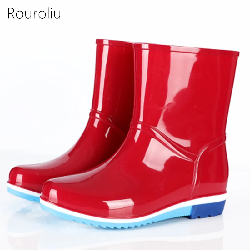

Rouroliu Women Waterproof Ankle/Mid-Calf Rainboots Non-Slip Winter Safety Rain Boots Warm Socks Water Shoes FR10