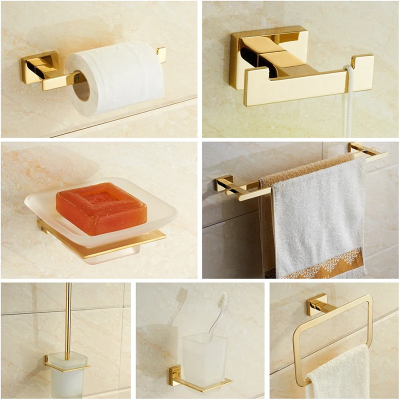 Preise Handtuch Rack Handtuch Bar Gold Edelstahl Hardware Set, Robe Haken, wc Pinsel Tasse Halter Seife dish Bad Zubehör