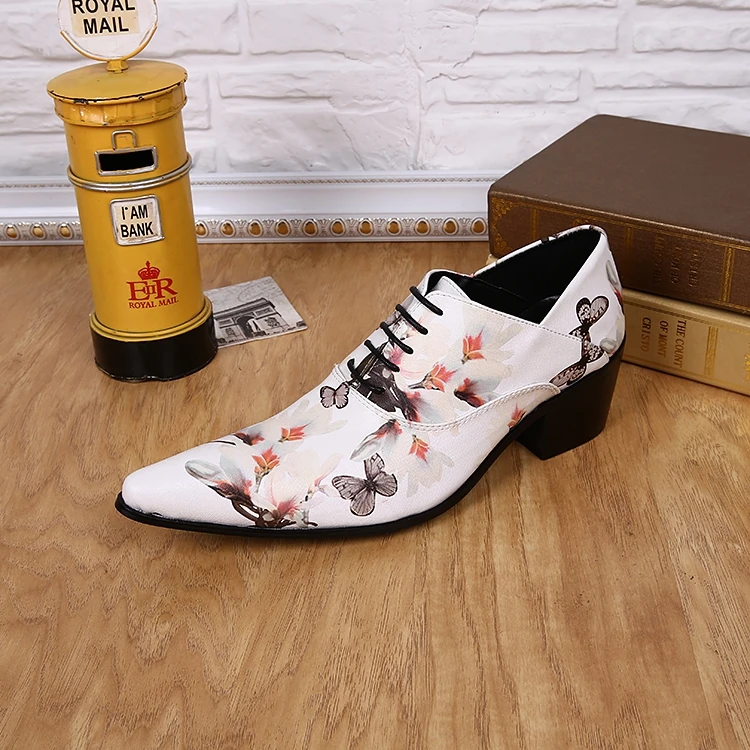 Borboleta Impressão Borracha Se Dos Cm Sapatos Acima Negócios Sapatas Calcanhar Couro Homens Genuíno Vestem 3 Masculino Da 5 Floral Quadrado Ata Oxfords De xPnZ7qw1