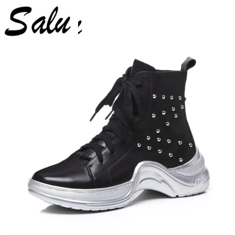 

Salu 2019 new Women Ankle Boots Plus Size Hand-made Genuine Leather Woman Boots Round Toe lace up Shoes Female Footwear