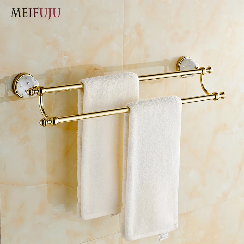 

MEIFUJU New Double Towel Bar Towel Holder Solid Brass Towel rack Gold Finished Bath Products Bathroom Accessories Free Shipping