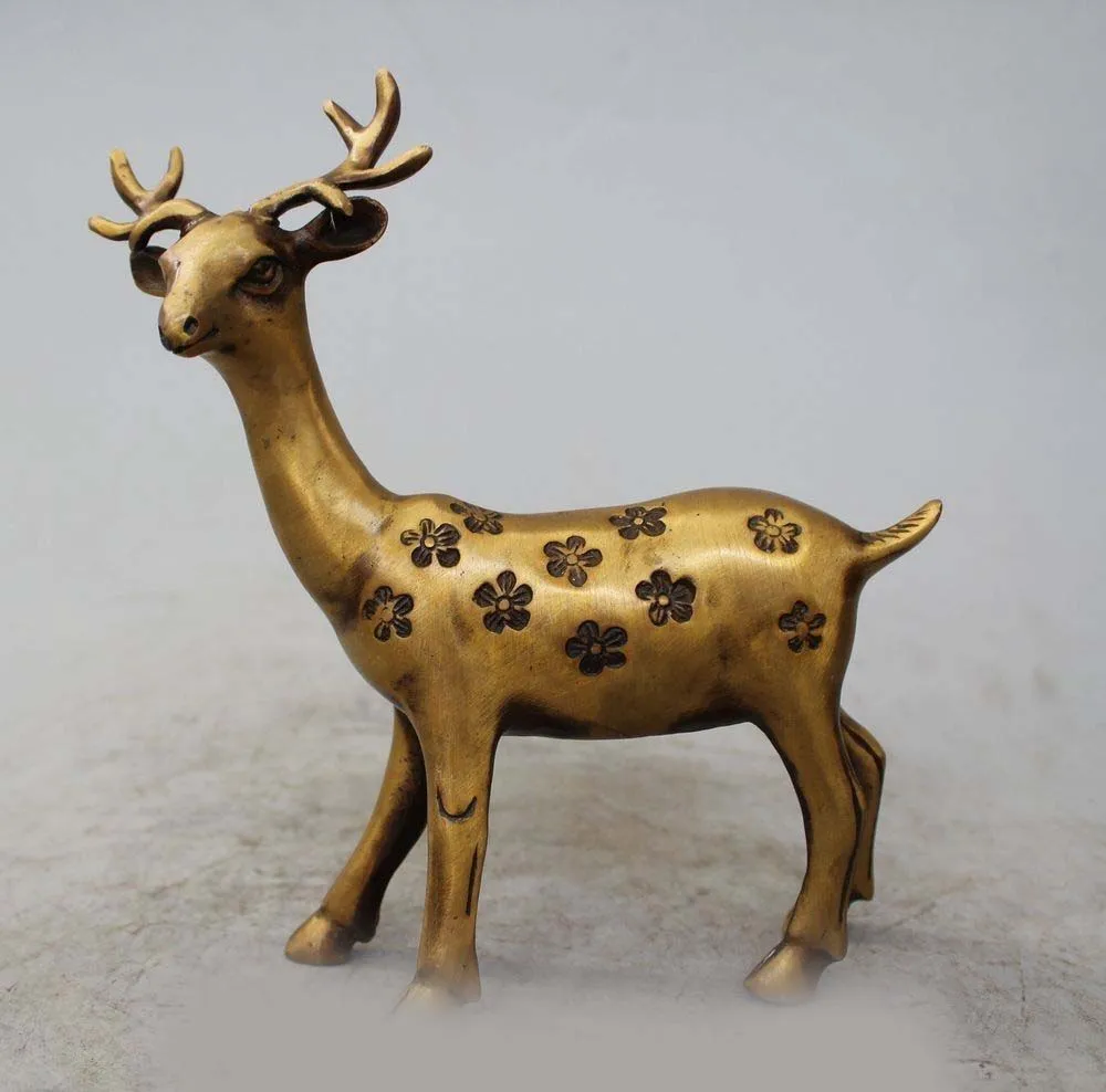 WBY 8" China Chinese Copper Animal Feng Shui Folk longevity Deer Statue