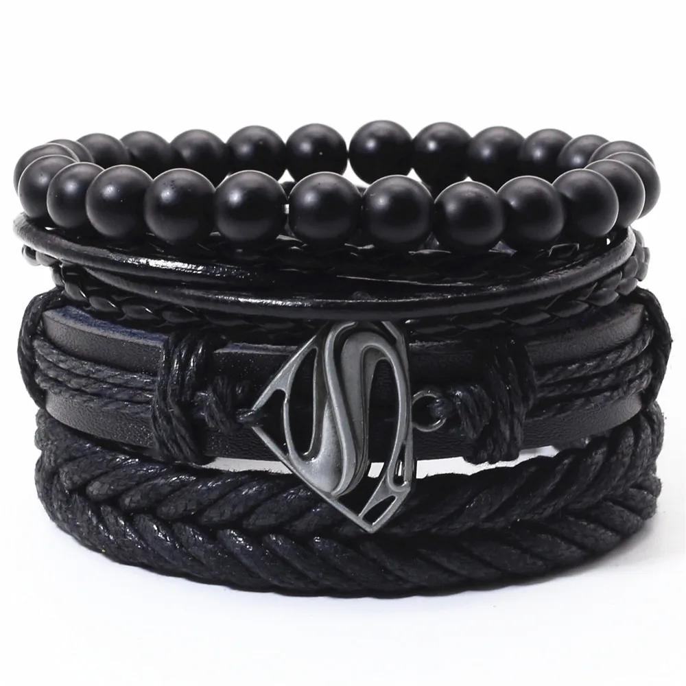 

New Trendy 4pcs/set Woven Punk Vintage Feather Superman Bat Charm Leather Women Bracelets Men Femme Homme Wholesale Jewelry