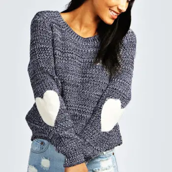 

2017 Women Knitwear Long Sleeve Pullover Heart Print V-neck Knitted Sweater Jumper Outwear Coat Autumn Winter Warm Tops