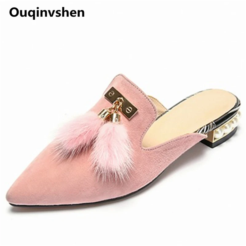 

Ouqinvshen Metal Decoration Slippers Women Plus Size 34-43 Fur Pointed Toe Kid Suede Fashion Woman Shoes String Bead Slippers