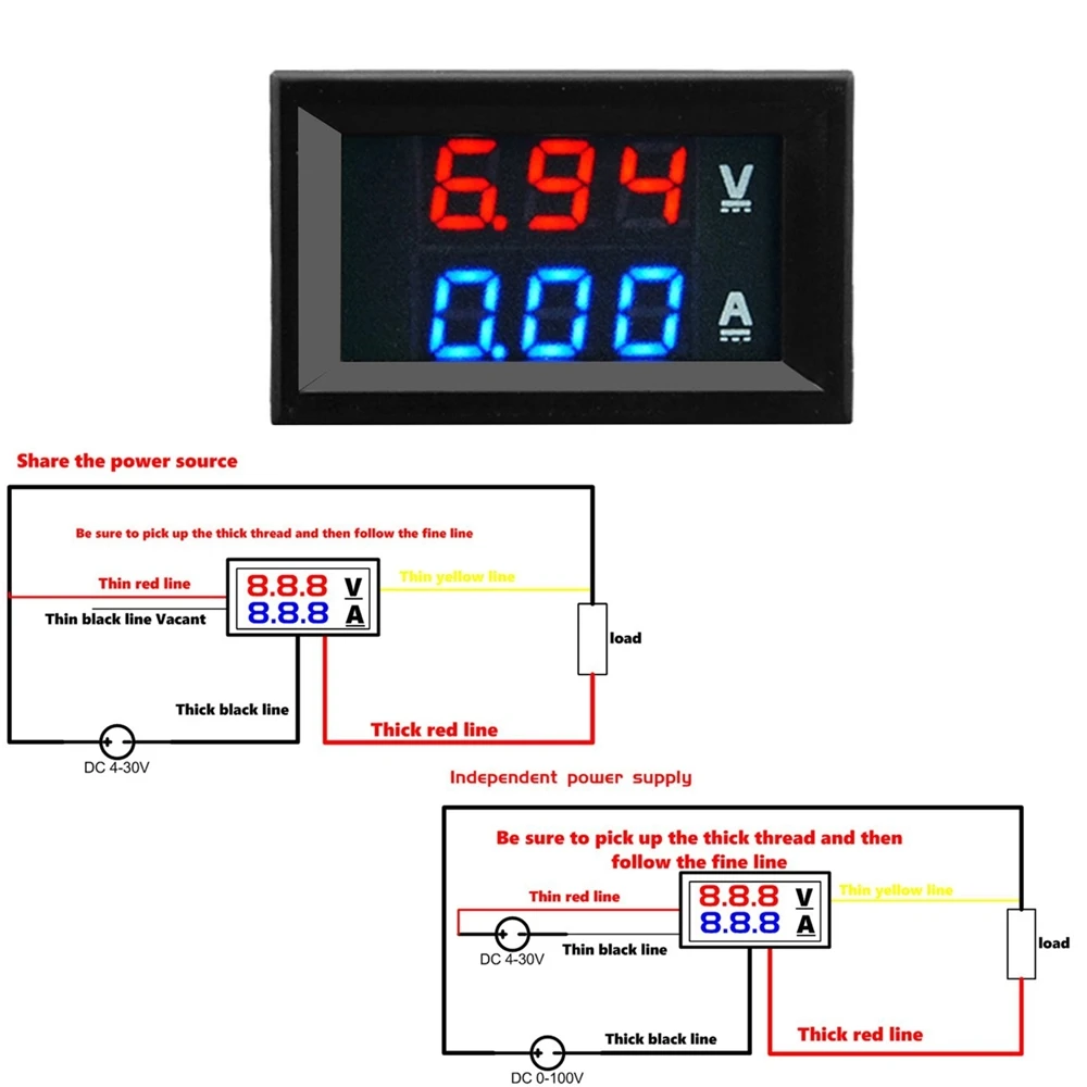

Mini Digital Voltmeter Ammeter DC 100V 10A Panel Amp Volt Voltage Current Meter Tester 0.56" Blue Red Dual LED Display