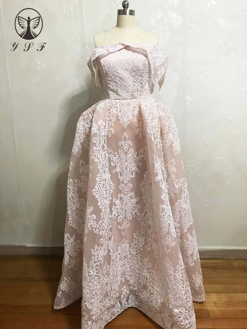

New Arrival Off the Shoulder Short Sleeve Bling Bling Ankle Length Lace Prom Dresses 2019