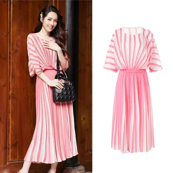 

New with a summer red stripes in color pleated chiffon jacket with long dress G04116