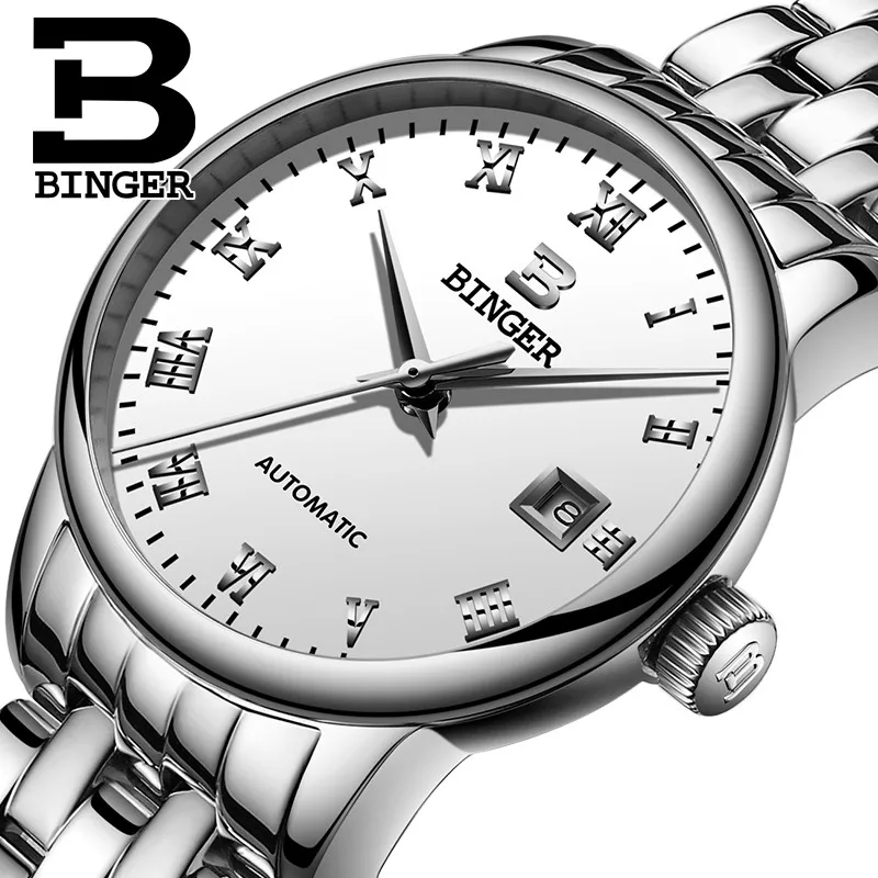 BINGER модные роскошные женские часы сапфировые автоматические механические часы женские календарь Relogio Feminino reloj mujer Часы - Цвет: Silver white