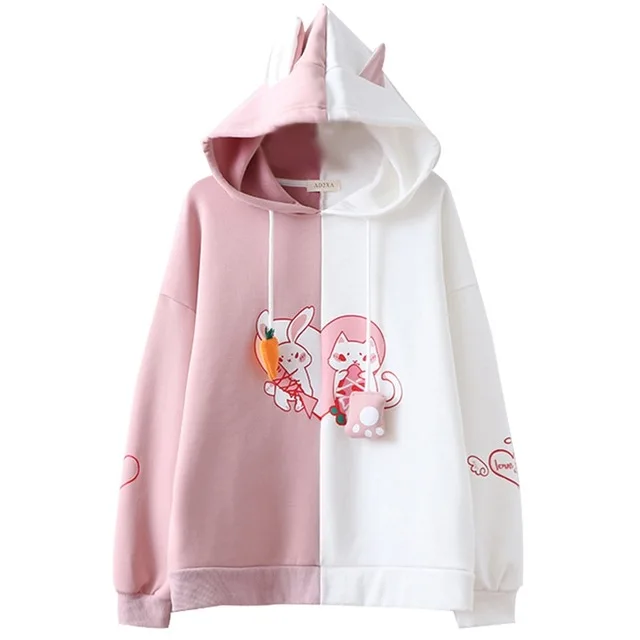 

2018 Kawaii Bunny Ear Women Hoodie Cute Rabbit Cat Lovely Sweatshirt Harajuku Soft Girls Anime Pink Pullover Tracksuit Outerwear