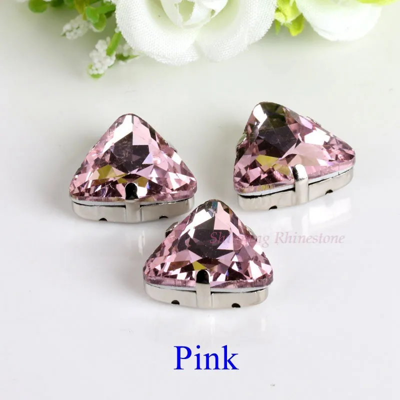 Треугольники Форма Стекло Стразы с когтями пришить с украшением в виде кристаллов СТРАЗА под камень алмаз, металлическая оправа, основания с защелкой для одежды 18 мм 10 шт./упак - Цвет: Pink