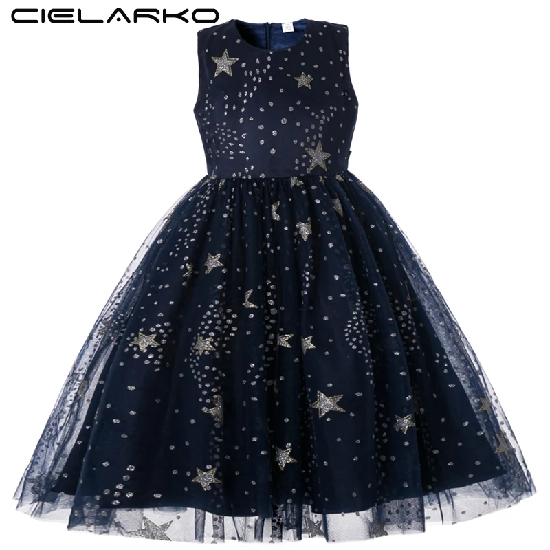 

Cielarko Girls Dress for Wedding Birthday Party Star Print Long Dresses Sleeveless Elegant Children Ball Gown Kids Fancy Outfits