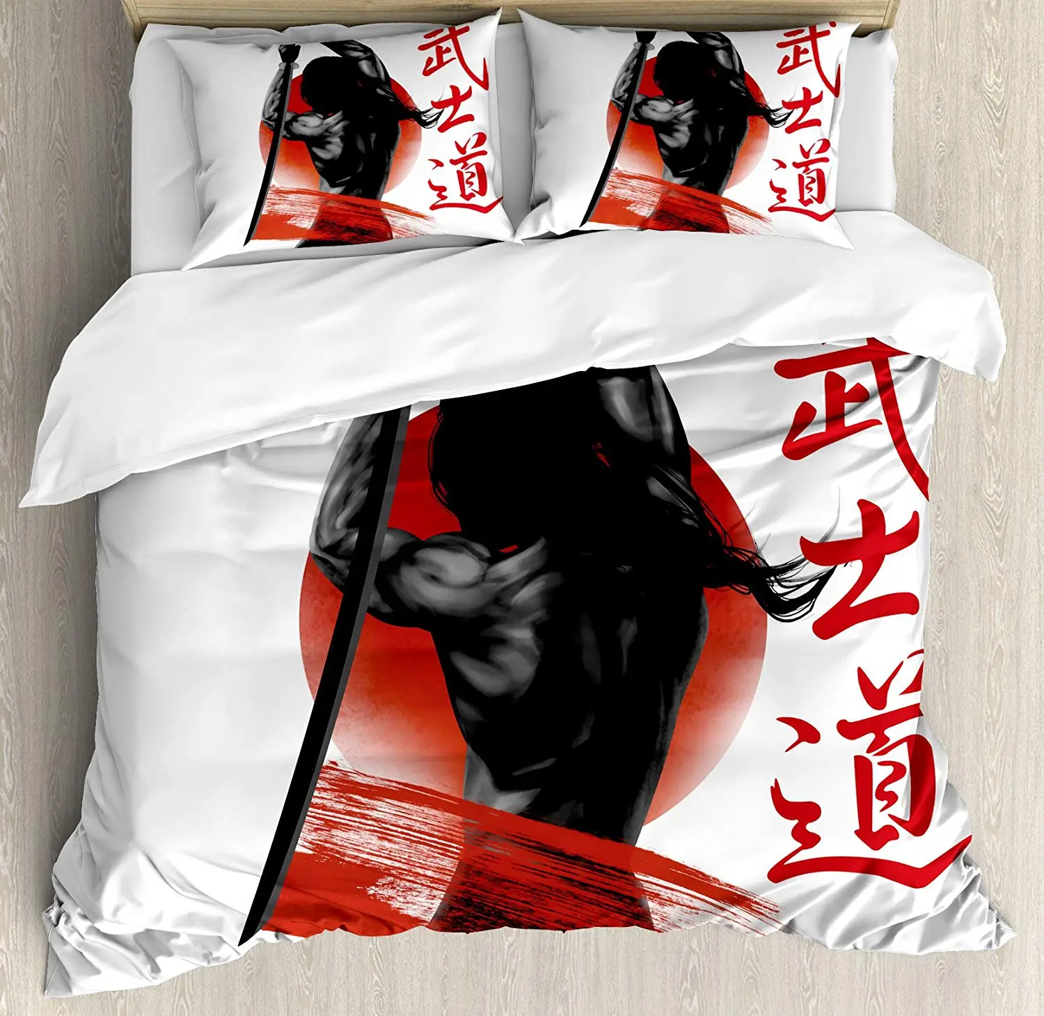 

Japanese Duvet Cover Set King Size A Samurai Weapon Japanese Flag Backdrop Asian Hieroglyph