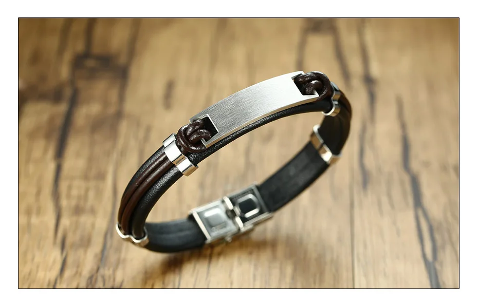 Meaeguet Free Engrave & Laser Personalized Stainless Steel ID Bracelet & Bangle For Men Handmade Genuine Leather Bracelet  (5)